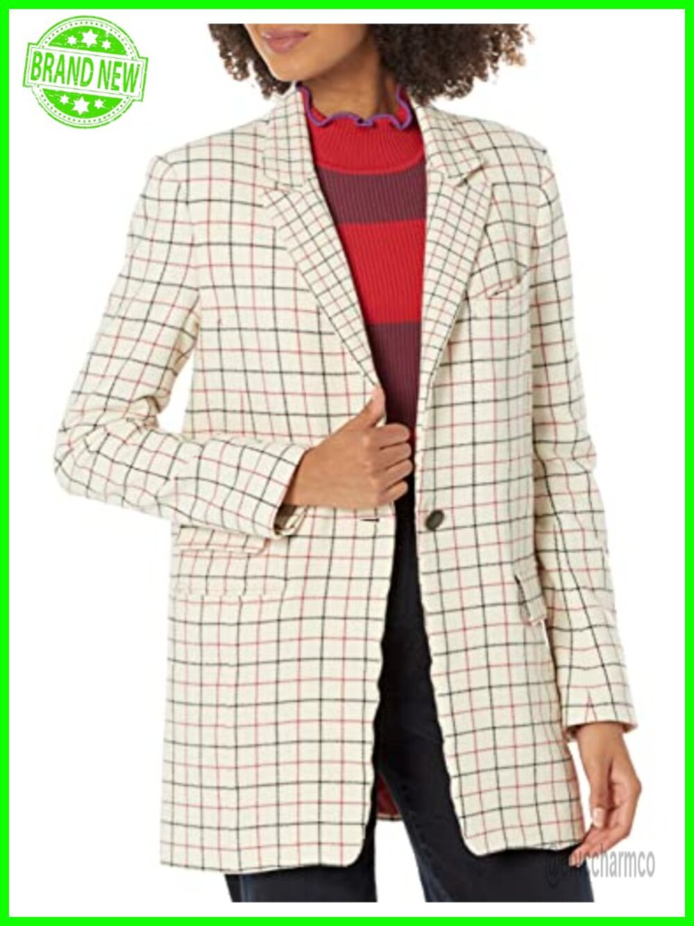 Oversized Italian Wool Check Blazer Tailored Notch Lapel Button Professional